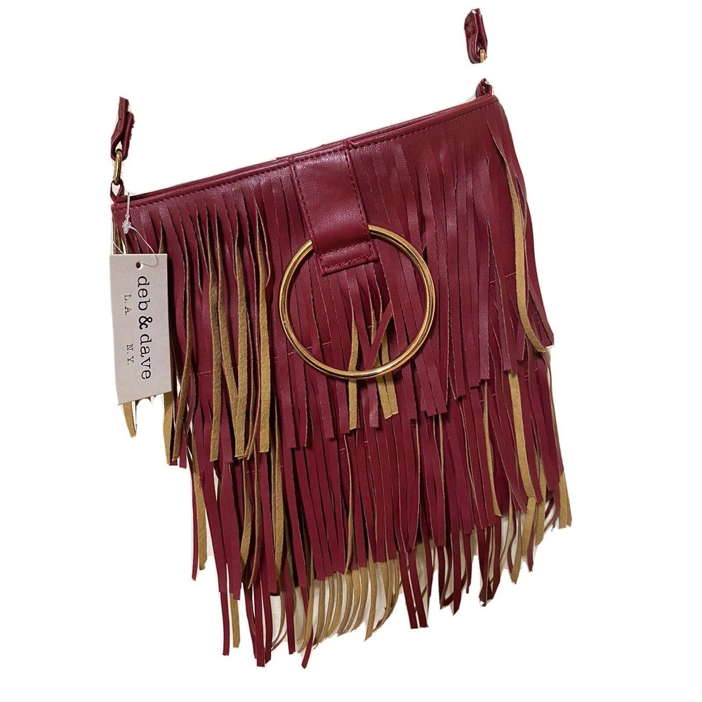deb & dave Women's Fringe Crossbody Bag Burgundy Faux Leather Adjustable Strap